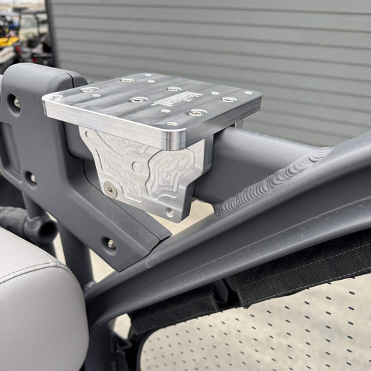 Downrigger mount on Sea-Doo Switch, viewed from onboard the boat