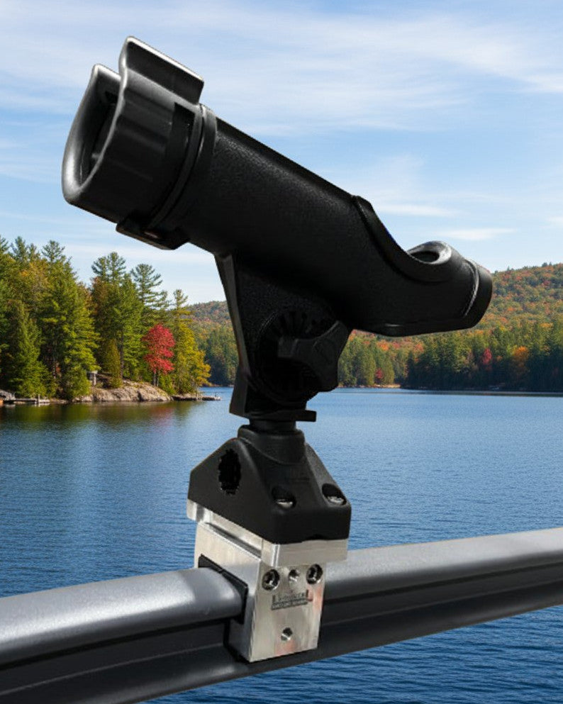 Scotty Powerlock rod holder mounted on HardPoint rail adapter, alternate angle