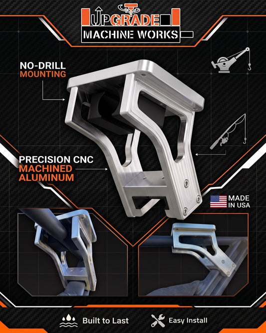 HardPoint no-drill downrigger mount for Sea-Doo Switch Fish and Cruise: CNC-machined 6061 aluminum, made in the USA, shown on the rail with features called out