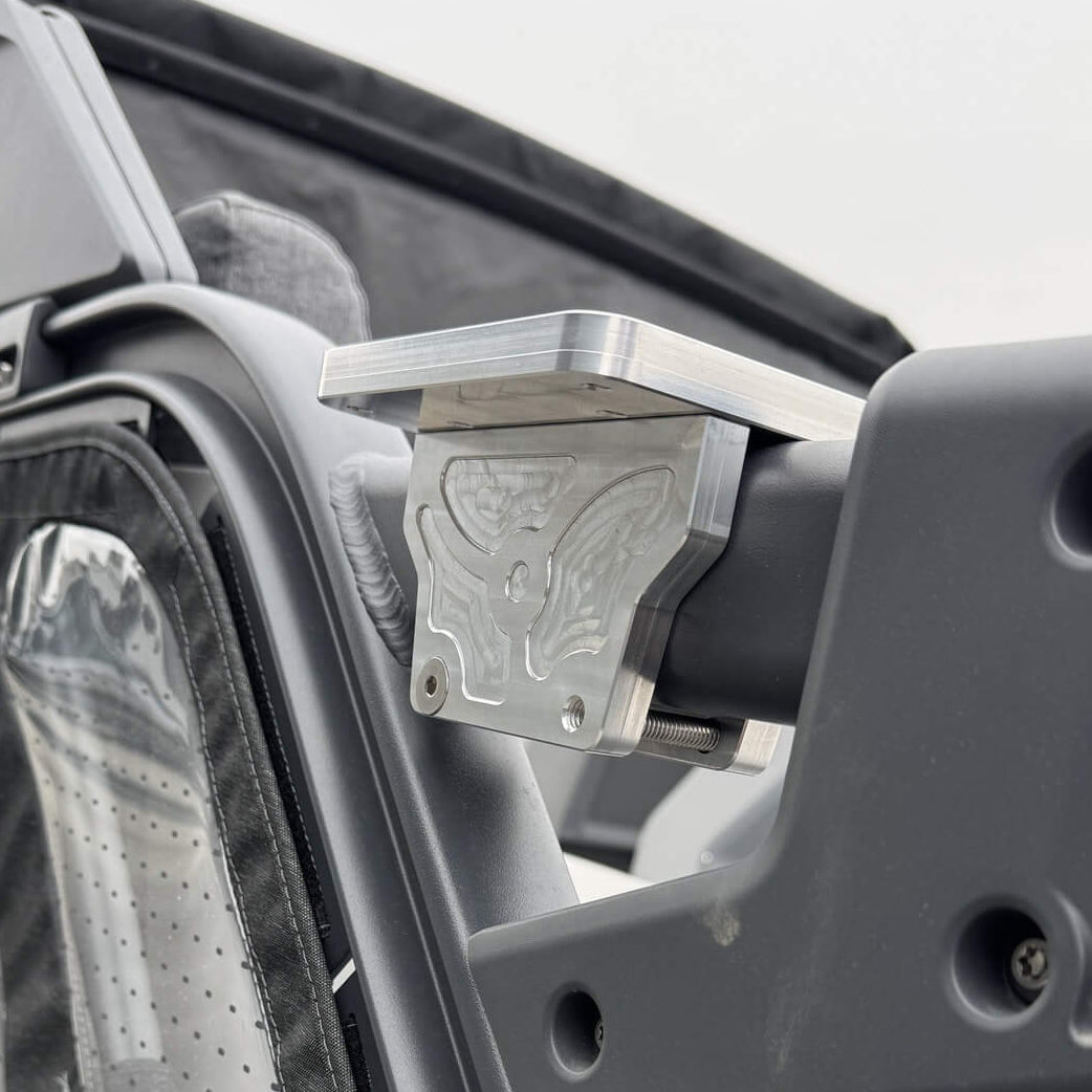 Downrigger mount on Sea-Doo Switch, three-quarter view from outside the boat