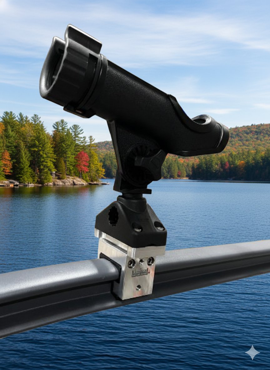 Scotty Powerlock rod holder mounted on HardPoint rail adapter, alternate orientation