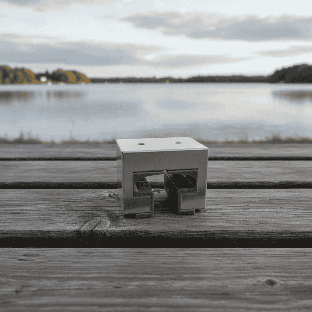 Metal bracket on a wooden surface with a lake and sky in the background