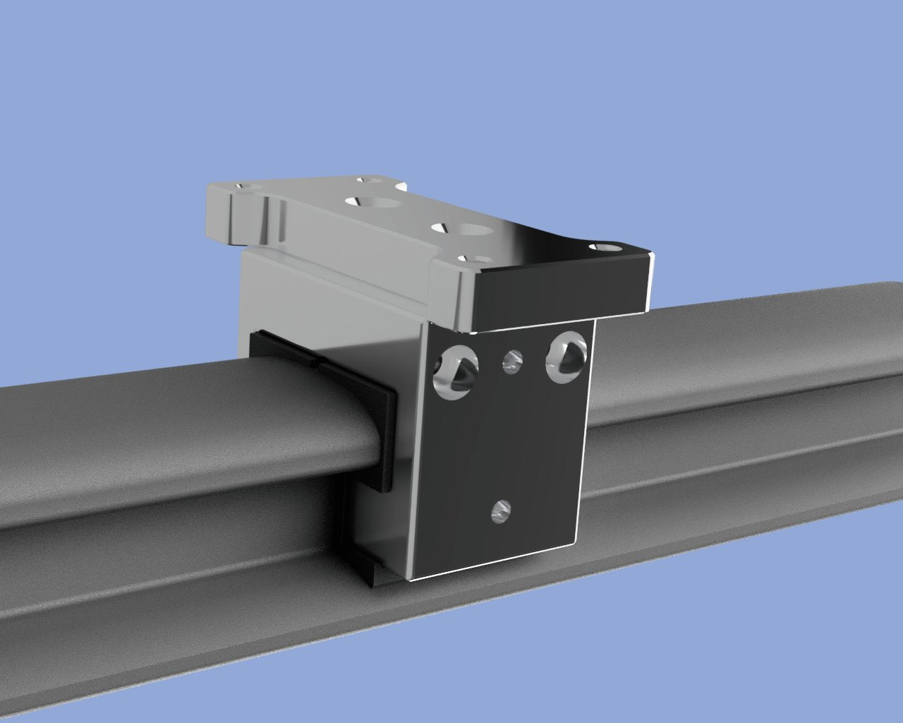 Close-up rendering of HardPoint clamp inside face on Sea-Doo Switch rail with Scotty Powerlock/TKI adapter mounted on top, showing clamp fasteners