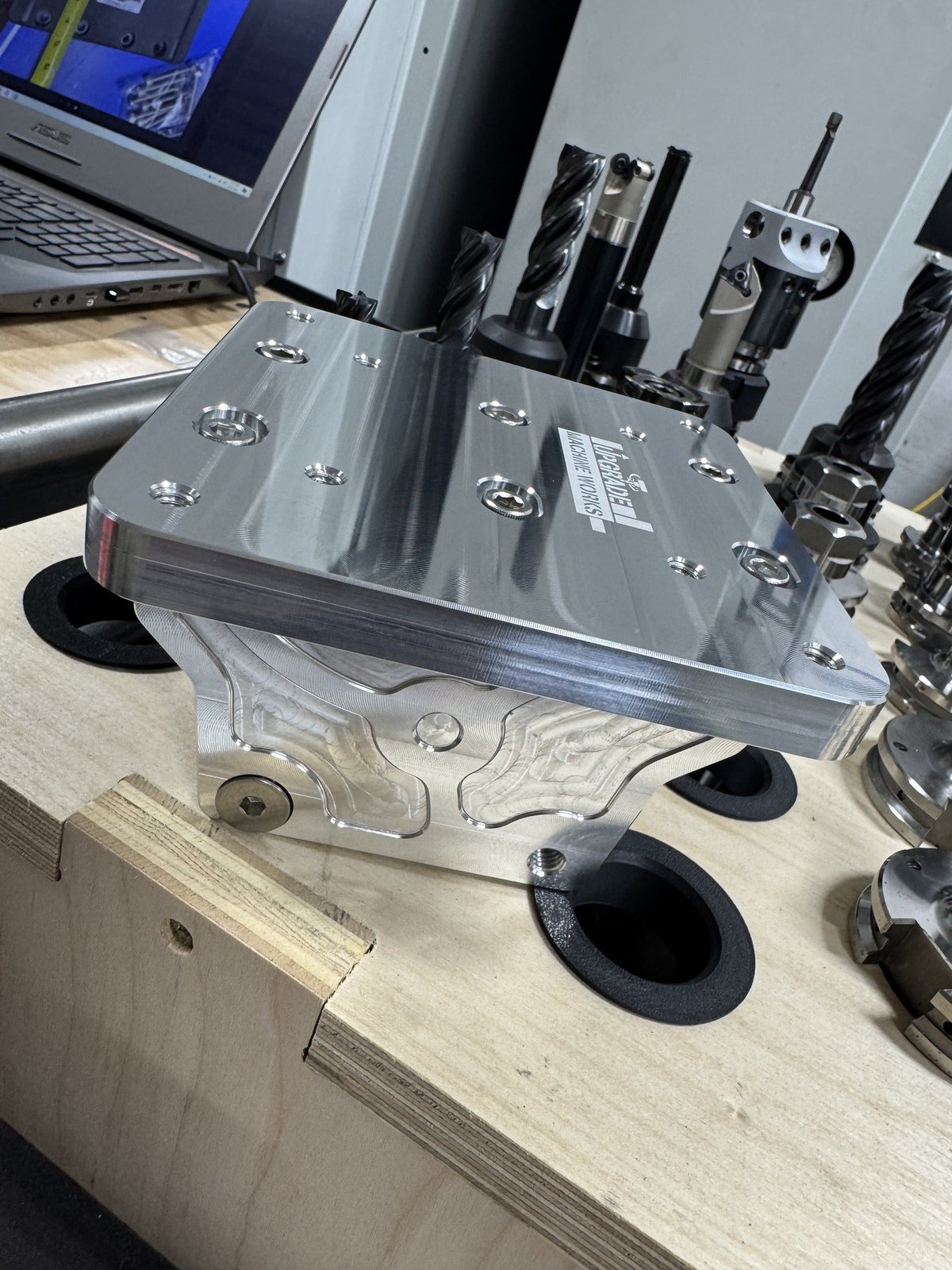 UMW downrigger mount bracket on shop tool rack