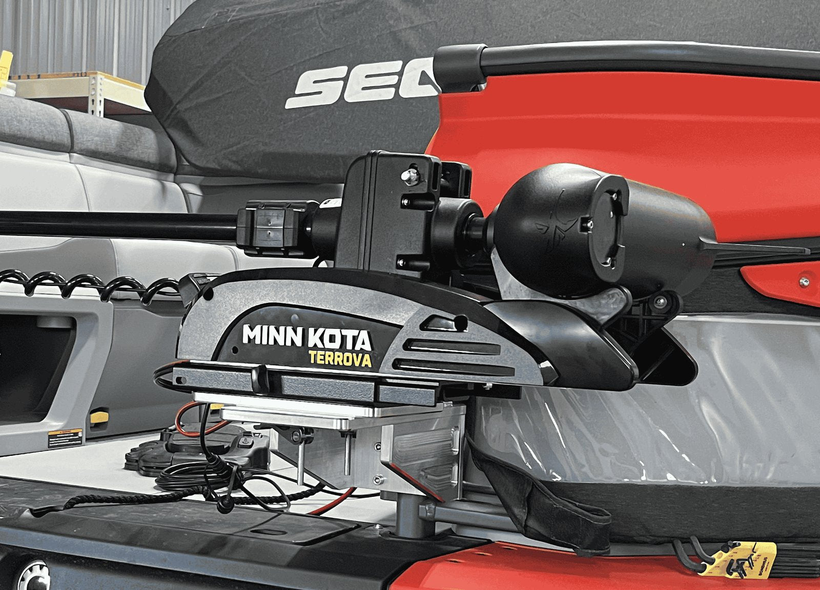 Close-up of Switchblade trolling motor mount hardware on Sea-Doo Switch