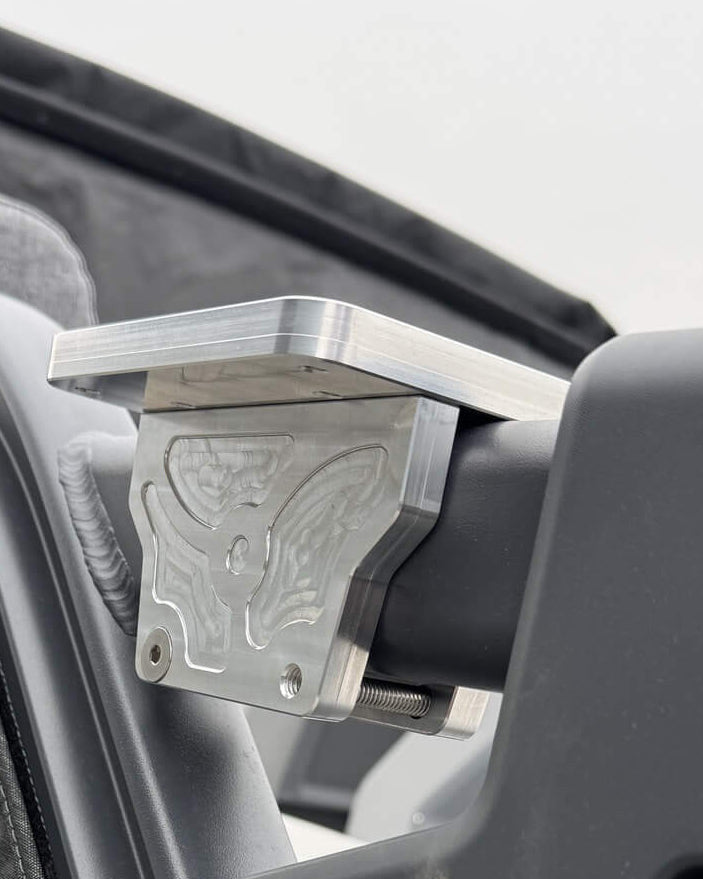 Downrigger mount on Sea-Doo Switch, three-quarter view from outside the boat