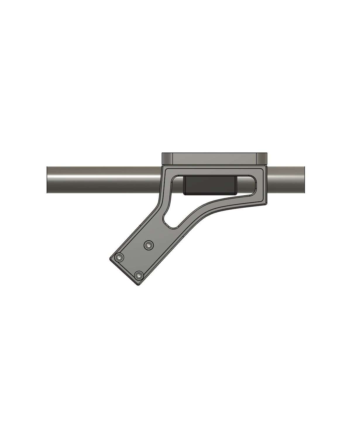 Downrigger rail clamp end view showing tube clamp profile (tube shown for reference only, not included)