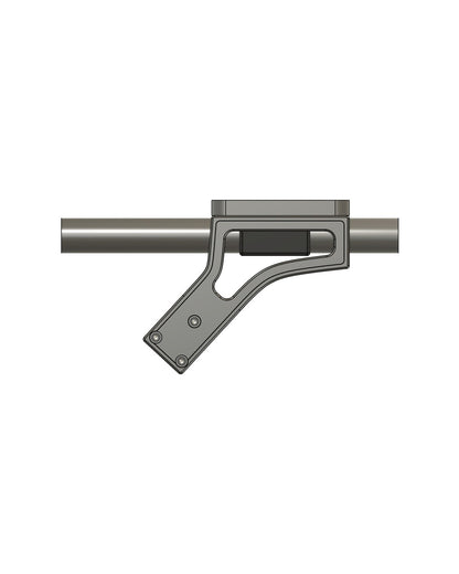 Downrigger rail clamp end view showing tube clamp profile (tube shown for reference only, not included)