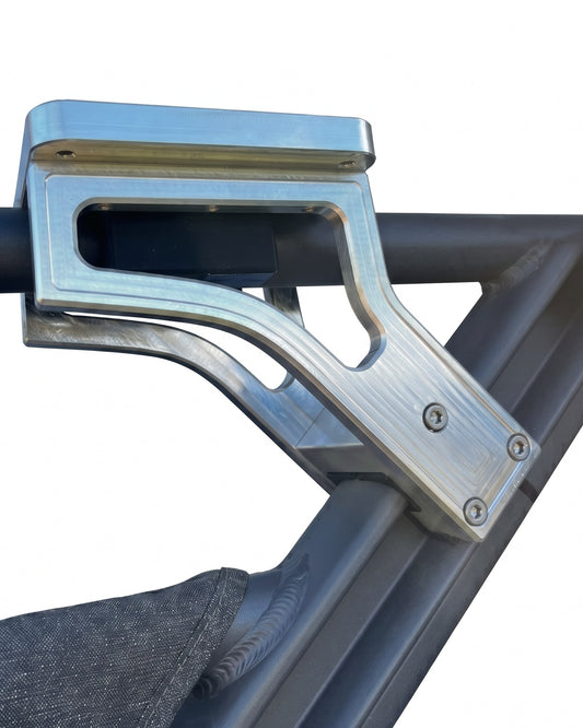 Sea-Doo Switch Fish downrigger mount, HardPoint no-drill rail clamp, side view (rail shown for reference, not included)