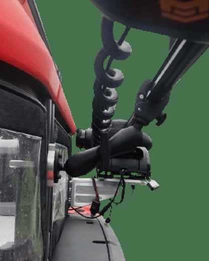 Shaft support bracket with RAM Tough-Claw mounted, gripping trolling motor shaft, side view
