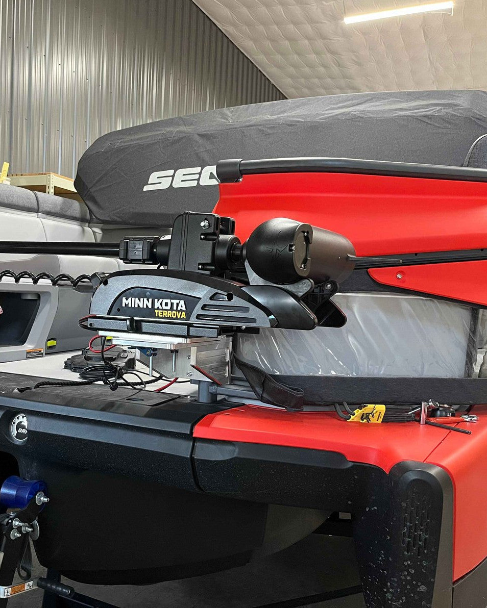 Front view of SwitchBlade mount on Sea-Doo Switch with Minn Kota Terrova stowed