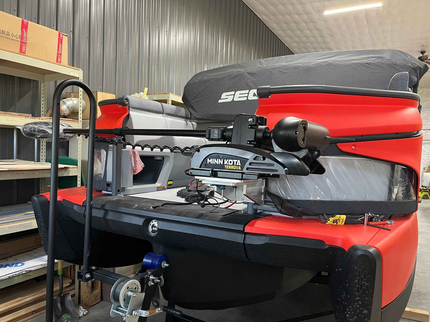Front view of SwitchBlade trolling motor mount on Sea-Doo Switch with Minn Kota Terrova stowed